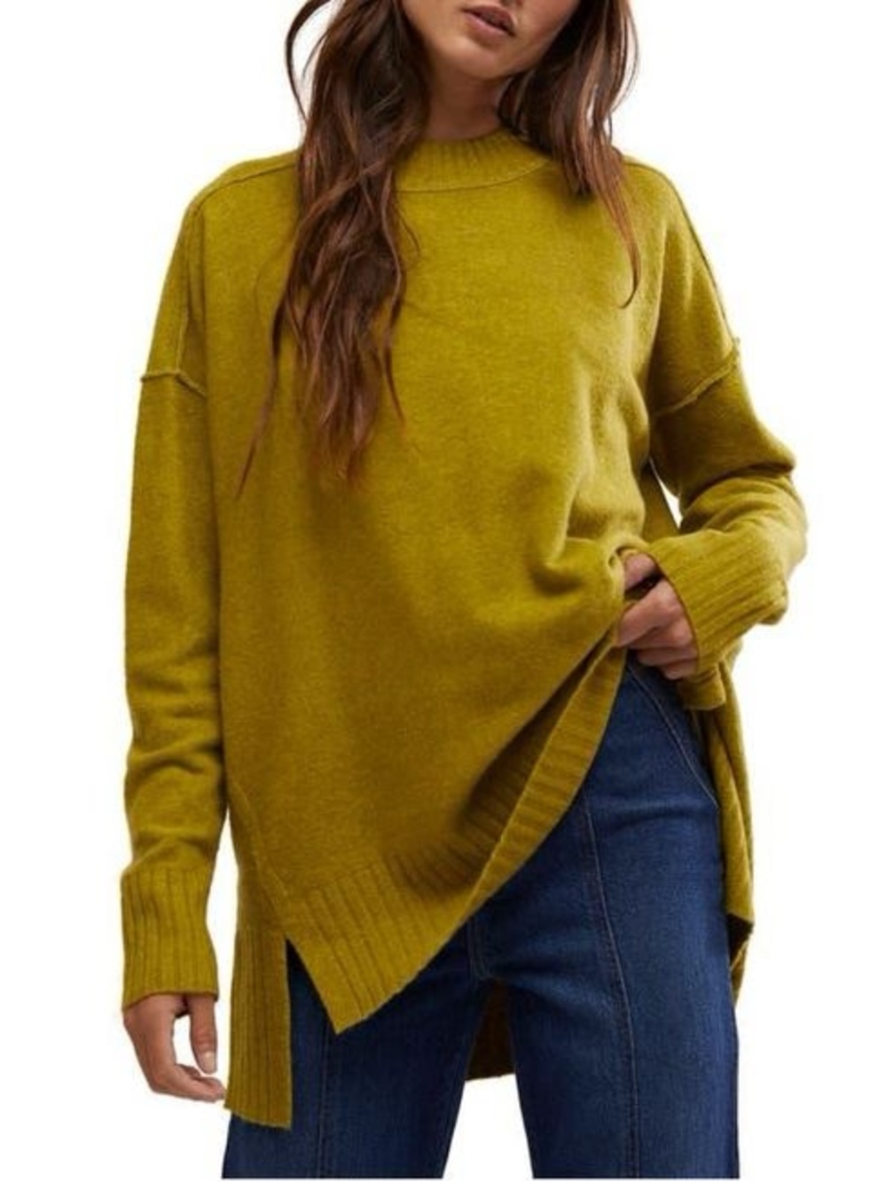 Free People Phoebe High-Low Tunic Sweater Wool Blend Size XS Chartreuse Green